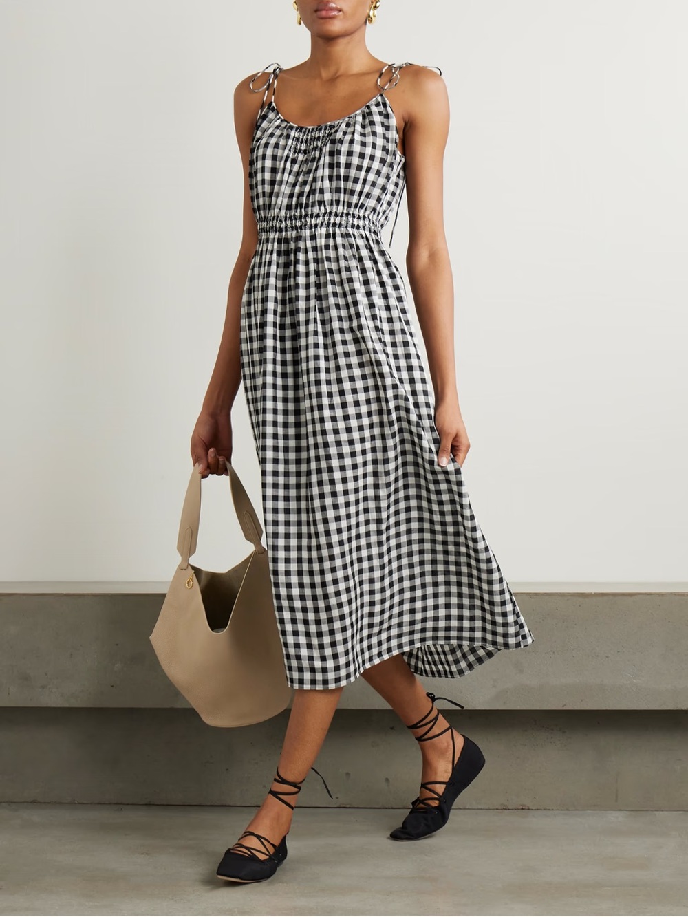 NWT DOEN LESLIE TIE-DETAILED SMOCKED GINGHAM VOILE MIDI DRESS